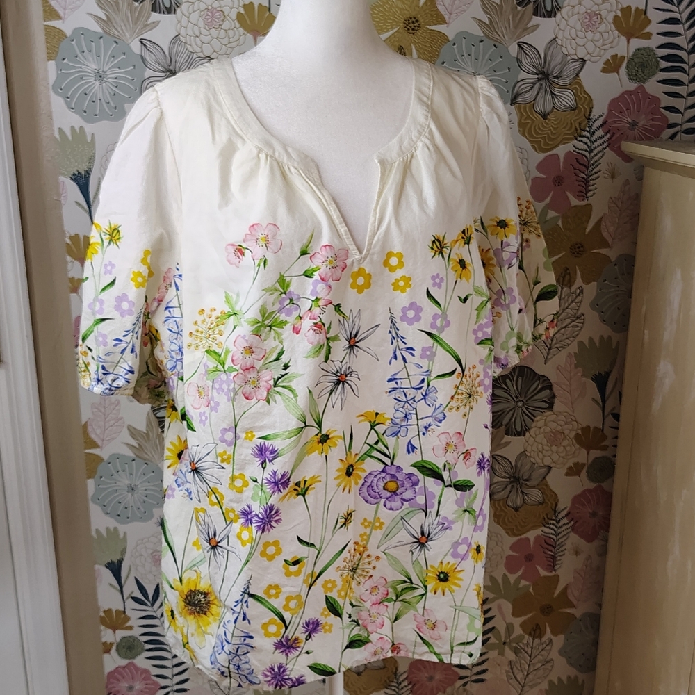 Talbots Floral Blouse - Cream with Multicolor Flowers